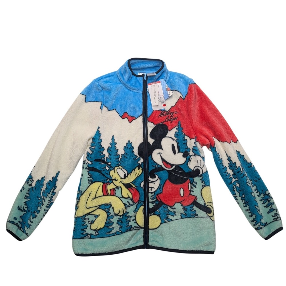 NWT Disney Fleece Jacket Women XS Multicolor Mickey Mouse Pluto Lodge Zip Up